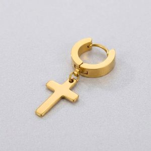 Gold Cross Earrings Men huggies dangle stainless steel