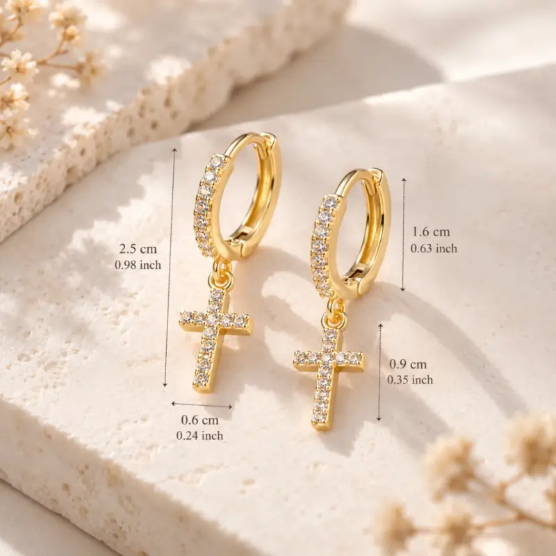 diamond cross earrings dangle mens varro Gold cross huggie earrings marked with hoop, drop and cross sizes on stone