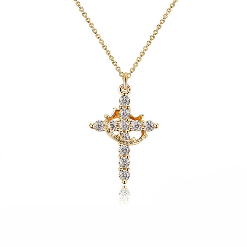 gold cross necklace with crown