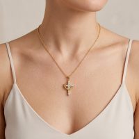 Gold Cross Necklace with Crown stainless steel for womens
