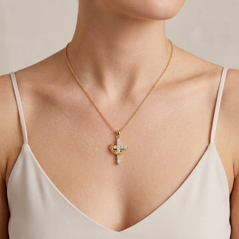 Gold Cross Necklace with Crown stainless steel for womens Gold Cross Necklace with Crown stainless steel for womens