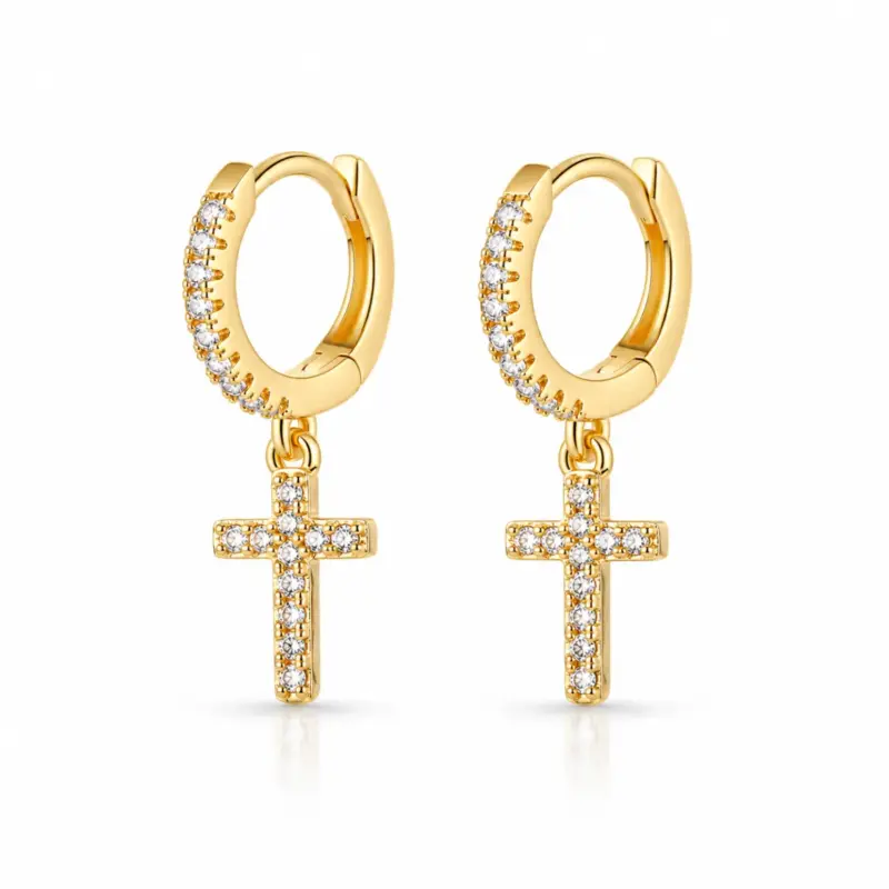 diamond cross earrings dangle mens varro Pair of gold huggie hoops with clear stone front and pavé cross drops, white background