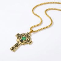 Gold Irish Cross Necklace for mens stainless steel with clover