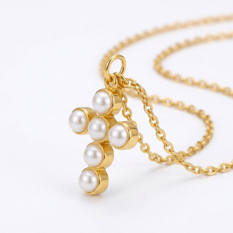 gold pearl cross necklace 18k gold plated with cable chain gold pearl cross necklace 18k gold plated with cable chain