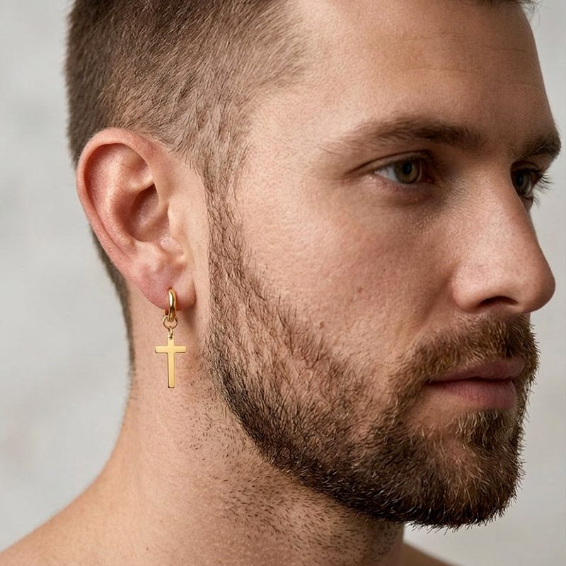 Hanging Cross Earring Men gold stainless steel Hanging Cross Earring Men gold stainless steel