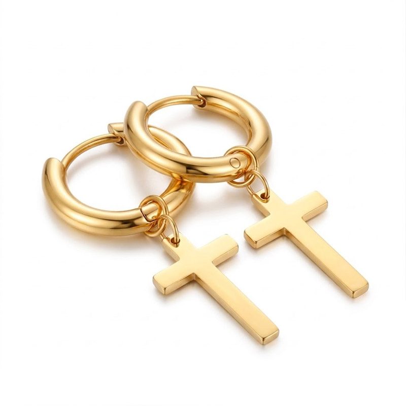 Hanging Cross Earring Men gold stainless steel Hanging Cross Earring Men gold stainless steel