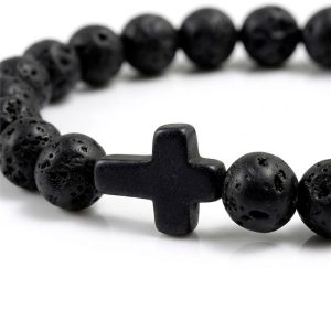 Lava Stone Cross Bracelet black beaded