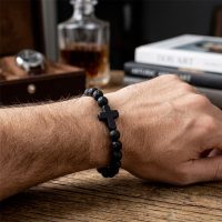 lava stone cross bracelet black for mens