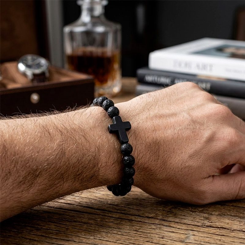 lava stone cross bracelet black for mens lava stone cross bracelet black for mens