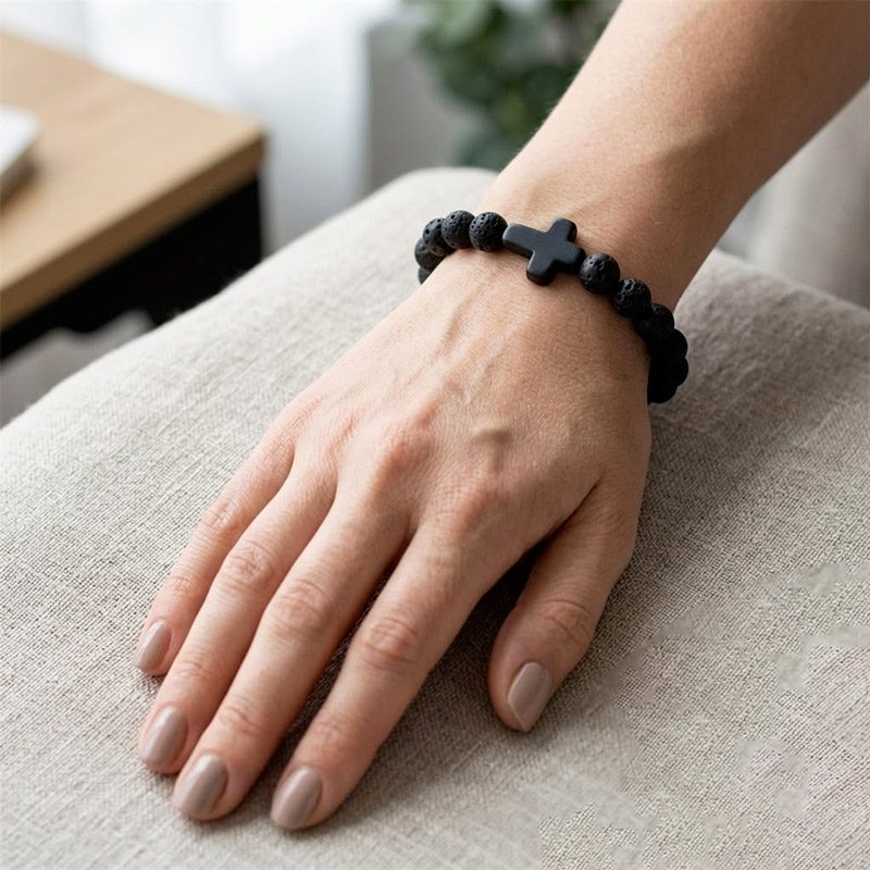 Lava Stone Cross Bracelet black for womens Lava Stone Cross Bracelet black for womens