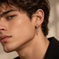 Young man in a black blazer wearing a rope cross hoop earring, three-quarter profile