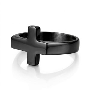 Mens Black Cross Ring Stainless Steel