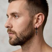 Mens Dangle Cross Earrings Black stainless steel huggies hoop