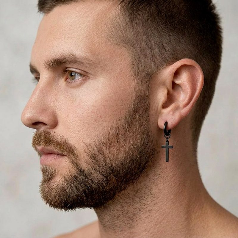 Mens Dangle Cross Earrings Black stainless steel huggies hoop Mens Dangle Cross Earrings Black stainless steel huggies hoop