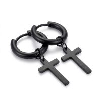 Mens Dangle Cross Earrings Black stainless steel huggies hoop