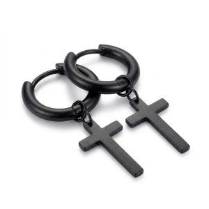 Mens Dangle Cross Earrings Black stainless steel huggies hoop