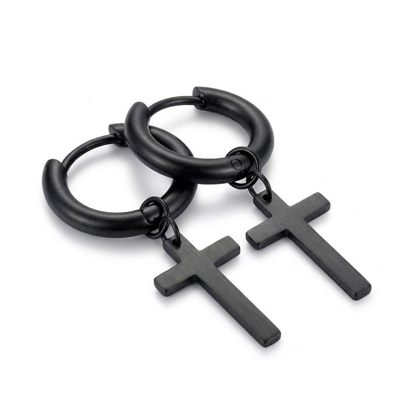 Mens Dangle Cross Earrings Black stainless steel huggies hoop Mens Dangle Cross Earrings Black stainless steel huggies hoop