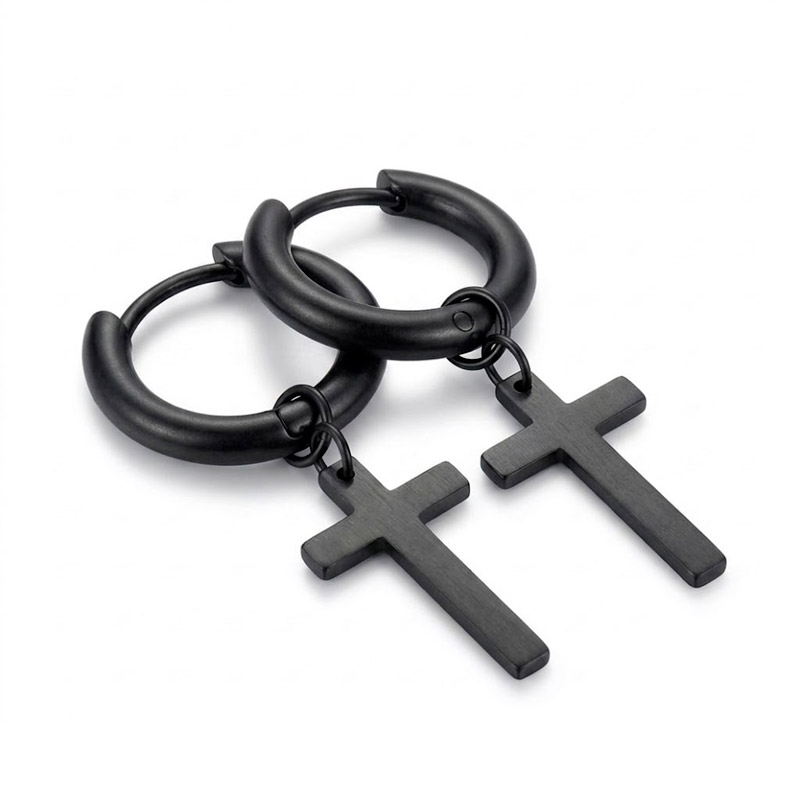 Mens Dangle Cross Earrings Black stainless steel huggies hoop