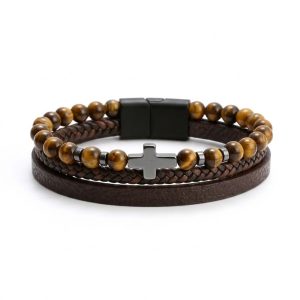 Mens Leather Cross Bracelet