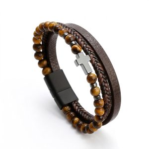 Mens Leather Cross Bracelet and beaded