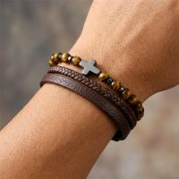 mens leather cross bracelet brown and black with beaded