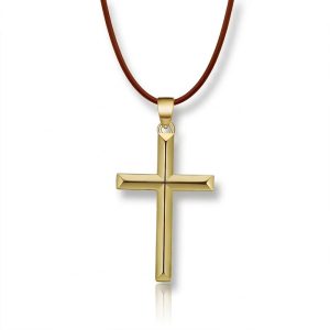 Mens Leather Cross Necklace​ gold with cord brown