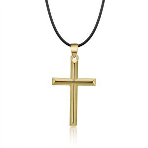 Mens Leather Cross Necklace​ gold with cord black