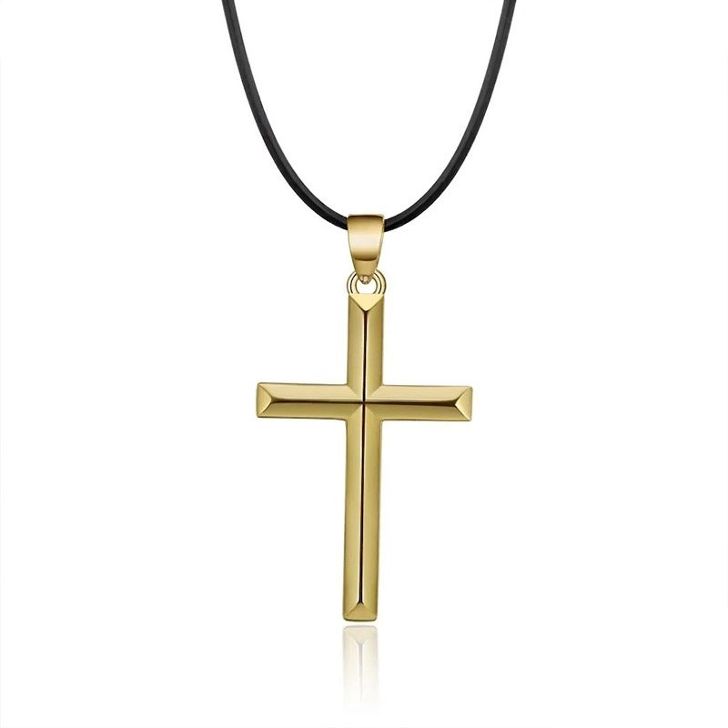 Mens Leather Cross Necklace​ gold with cord black