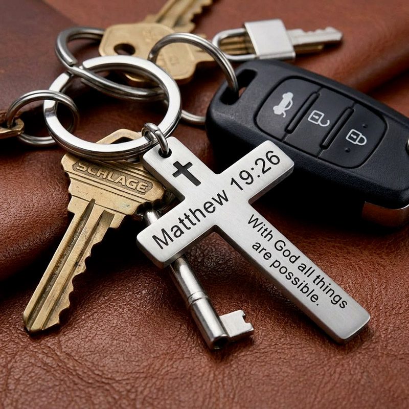 Scripture Keychain verse 19:28 bible cross keychain stainless steel Scripture Keychain verse 19:26 bible cross keychain stainless steel