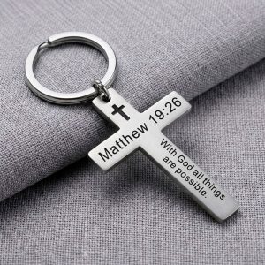 Scripture Keychain verse 19:26 bible cross stainless steel