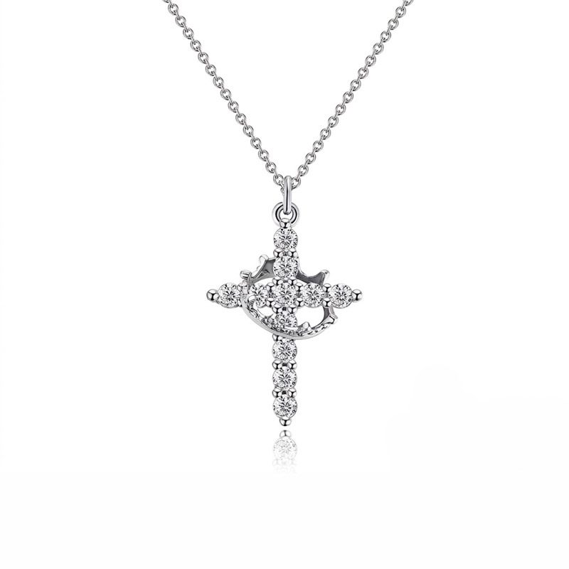 silver cross necklace with crown Silver Cross Necklace with Crown