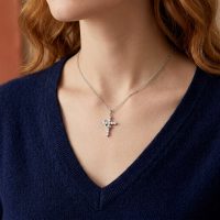 Silver Cross Necklace with Crown stainless steel for womens