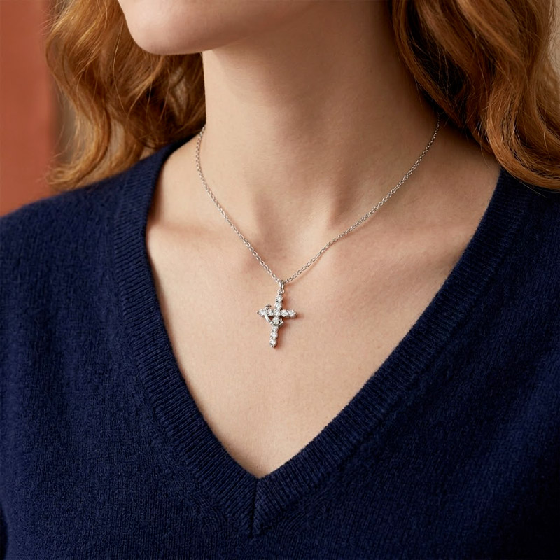 Silver Cross Necklace with Crown stainless steel for womens