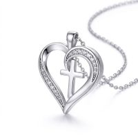 Silver Heart and Cross Necklace stainless steel with cubic zircon stone