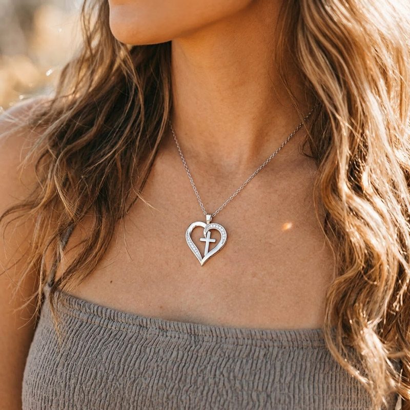 Silver Heart and Cross Necklace stainless steel with cubic zircon stone for womens Silver Heart and Cross Necklace stainless steel with cubic zircon stone for womens