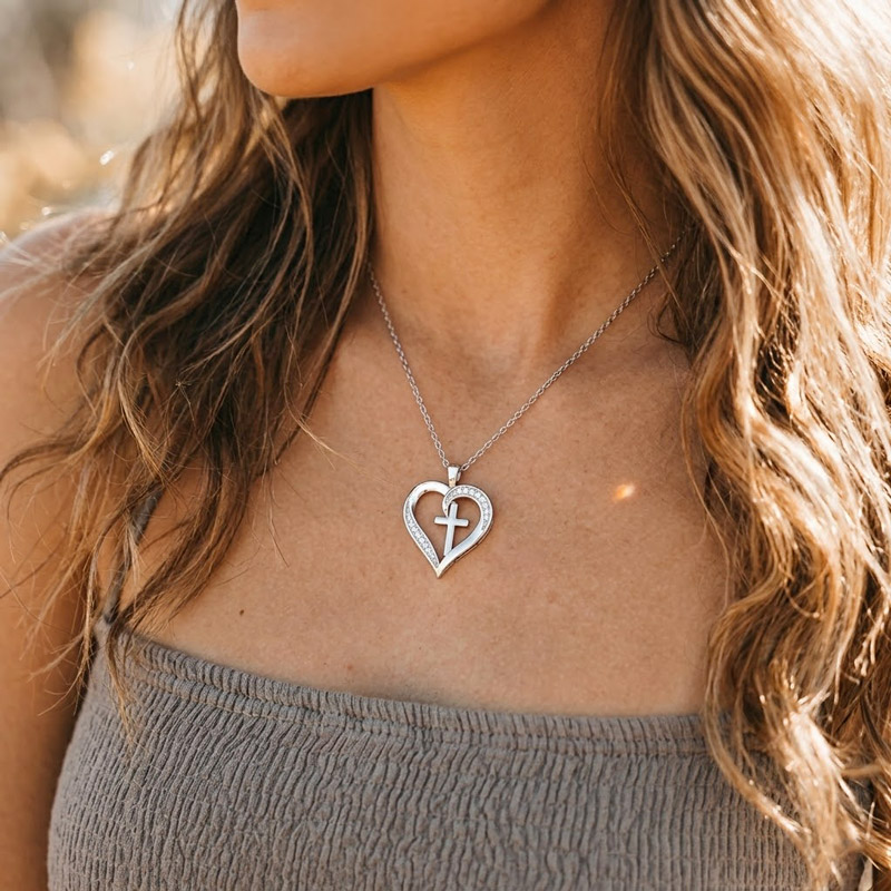 Silver Heart and Cross Necklace stainless steel with cubic zircon stone for womens