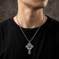 Silver Irish celtic Cross Necklace stainless steel with clover for mens
