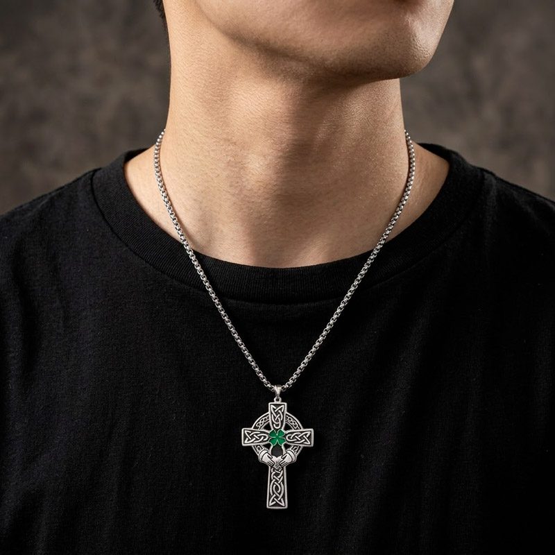 Silver Irish celtic Cross Necklace stainless steel with clover for mens Silver Irish celtic Cross Necklace stainless steel with clover for mens