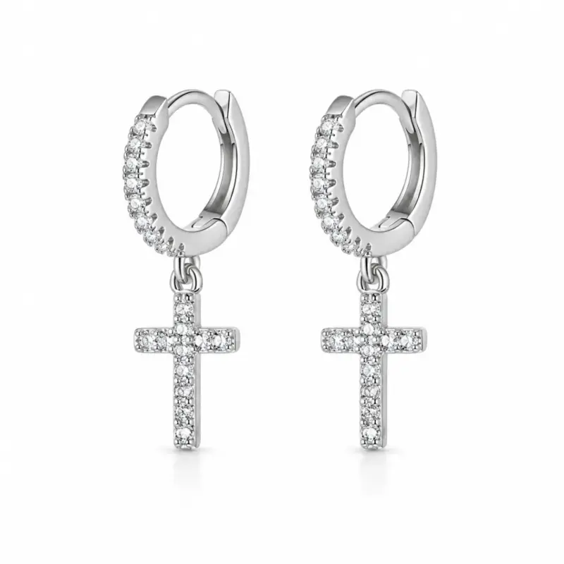 diamond cross earrings for men varro Silver-tone cross huggies with claw-set clear stones and Latin cross drops, front view