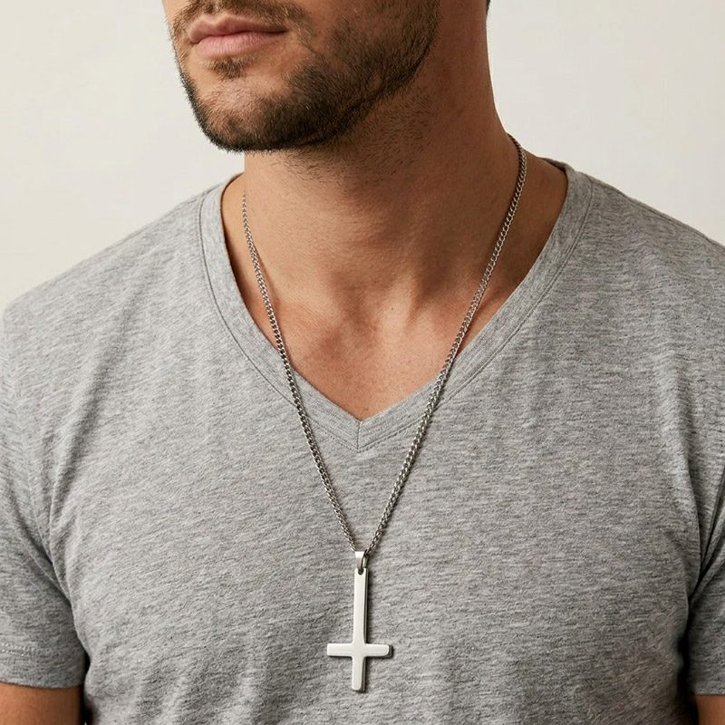 Silver Upside Down Cross Necklace stainless steel for mens Silver Upside Down Cross Necklace stainless steel for mens