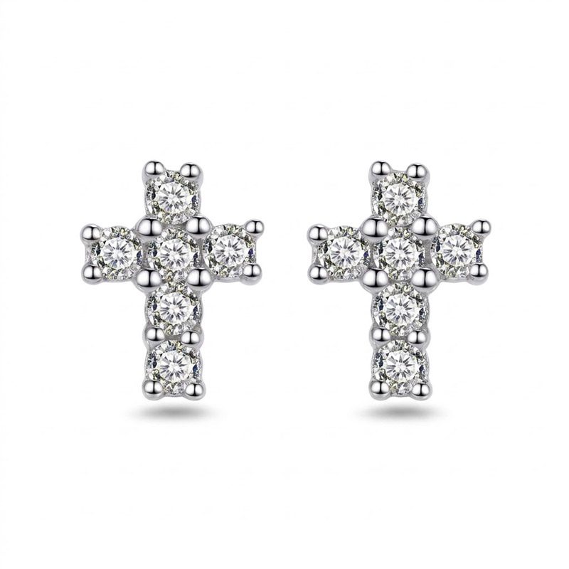 Small Cross Diamond Earrings 925 silver sterling, cz pavé