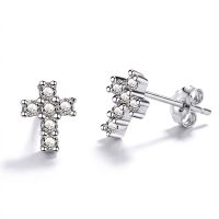 Small Cross Diamond Earrings 925 silver sterling, cz pavé