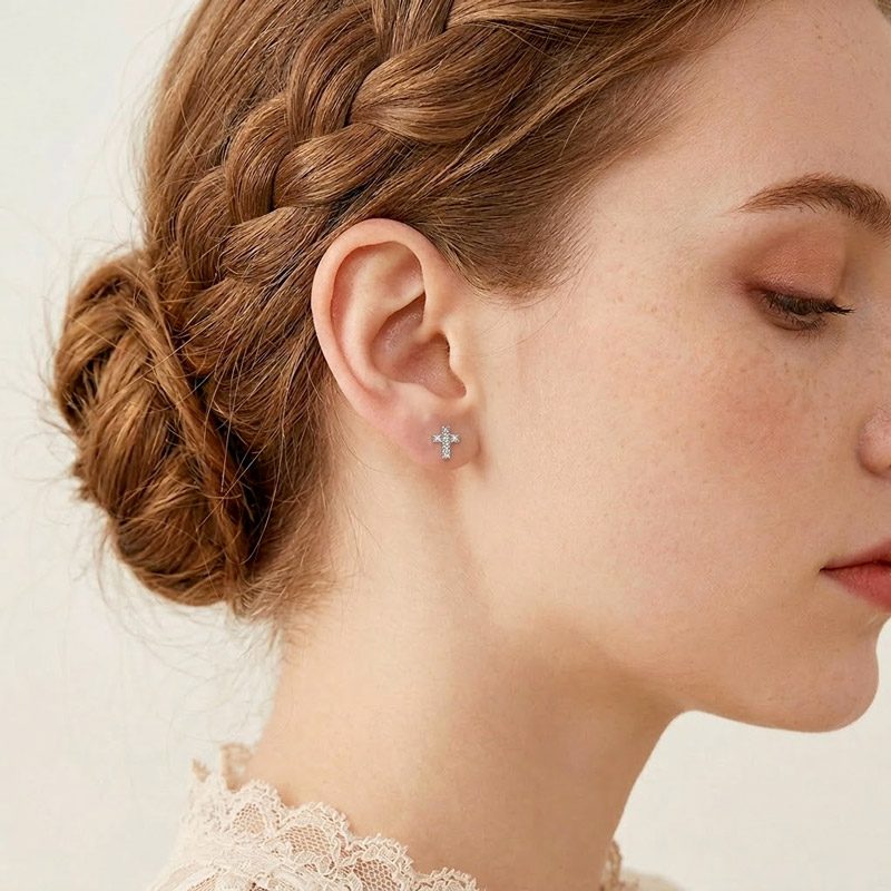 Small Cross Diamond Earrings 925 silver sterling, cz pavé for womens or kids Small Cross Diamond Earrings 925 silver sterling, cz pavé for womens or kids