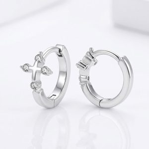 Small Cross Hoop Earrings 925 sterling silver, zircon cubic, huggies earring cross