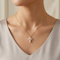 Small Pearl Cross Necklace gold 14k pvd stainless steel for womens