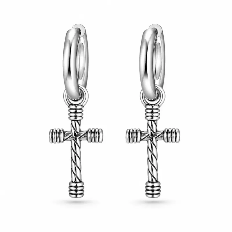 cross earrings men style Pair of steel huggie hoops with rope-twist Latin cross drops on a white background