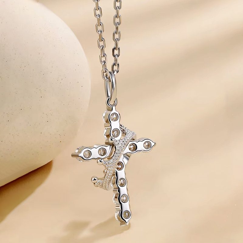 925 Sterling Silver Cross and Crown Necklace with moissanite stone 925 Sterling Silver Cross and Crown Necklace with moissanite stone