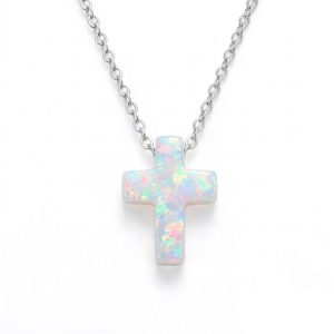 White Opal Cross Necklace​ with cable chain