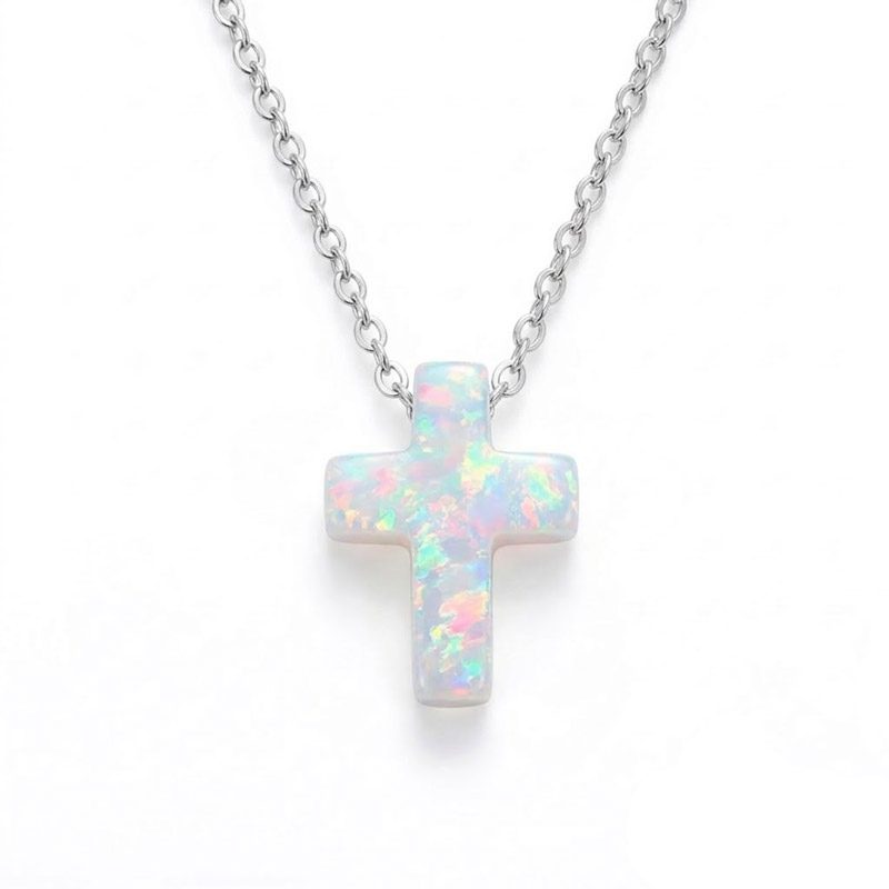 White Opal Cross Necklace​ with cable chain