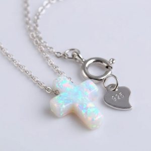 White Opal Cross Necklace​ with cable chain 925 silver sterling